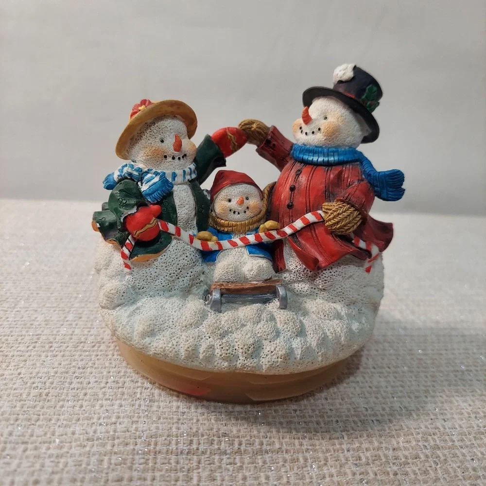Vintage Snowman Family Jar Topper Christmas Decor Holiday Sledding 4.5 Inch‎